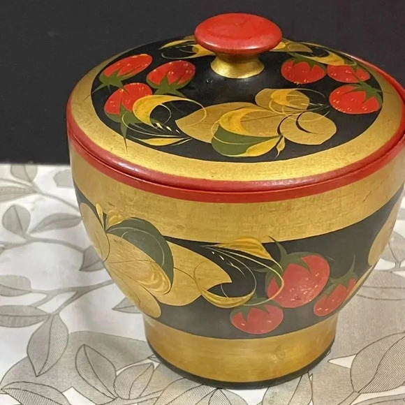 Set Of 13+Vintage Russian (USSR) Khokhloma Hand Painted  Wooden Jars Bowls Plate - Picture 13 of 15